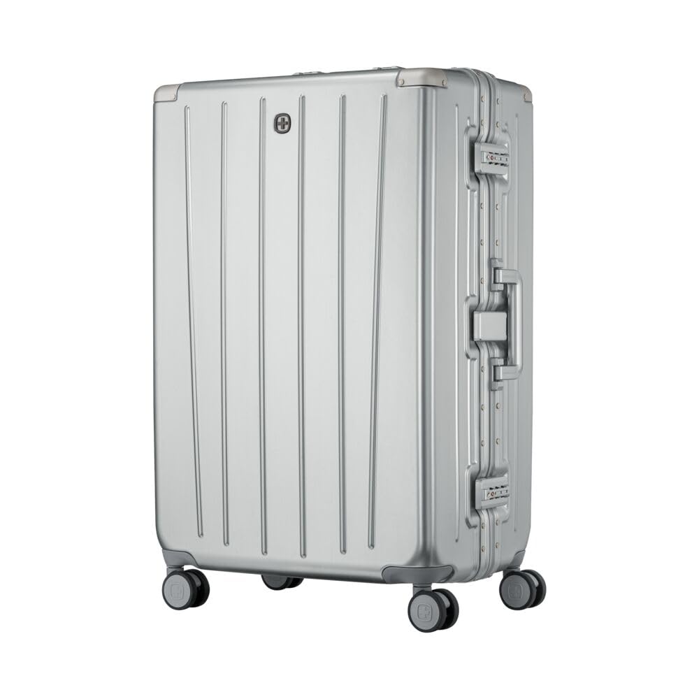 Wenger Loady Silver, A silver aluminum spinner suitcase with vertical ribbed panels, a telescopic handle, and a side lock mechanism, shown on a plain white background.