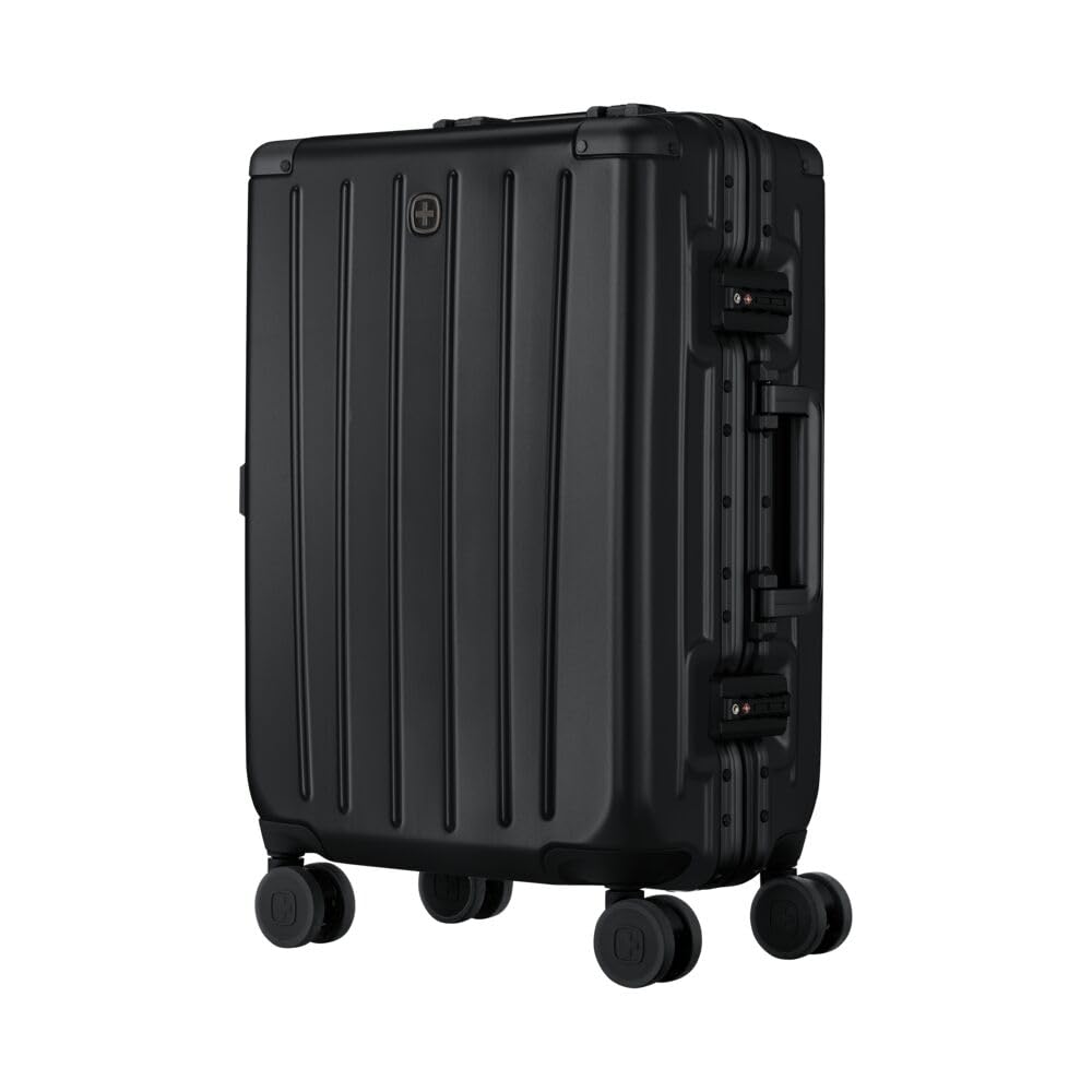 Wenger Loady Black, A matte black hard-shell spinner suitcase with vertical ribbing, shown at a three-quarter angle on a plain white background.